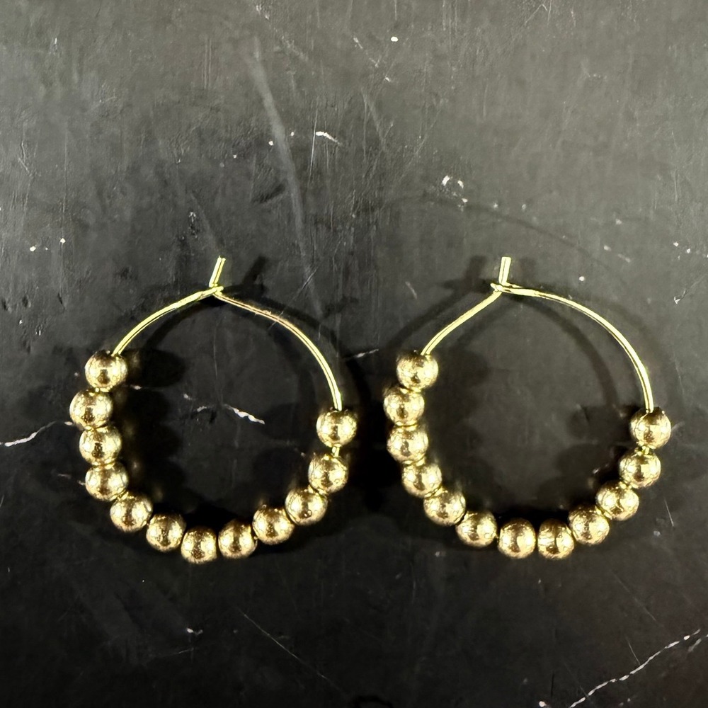 Gold Wire Beaded 1in Hoop Earrings